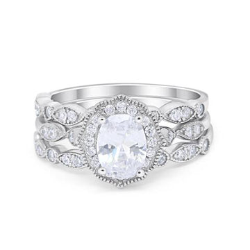 Three Piece Wedding Bridal Ring Oval Simulated Cubic Zirconia 925 Sterling Silver